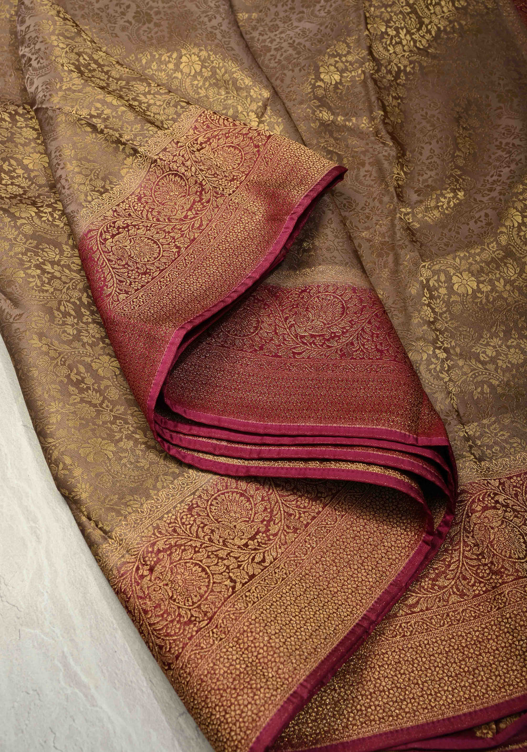 Light taupe Floral Brocade Vegan Viscose Silk Saree with Contrast Zari Border