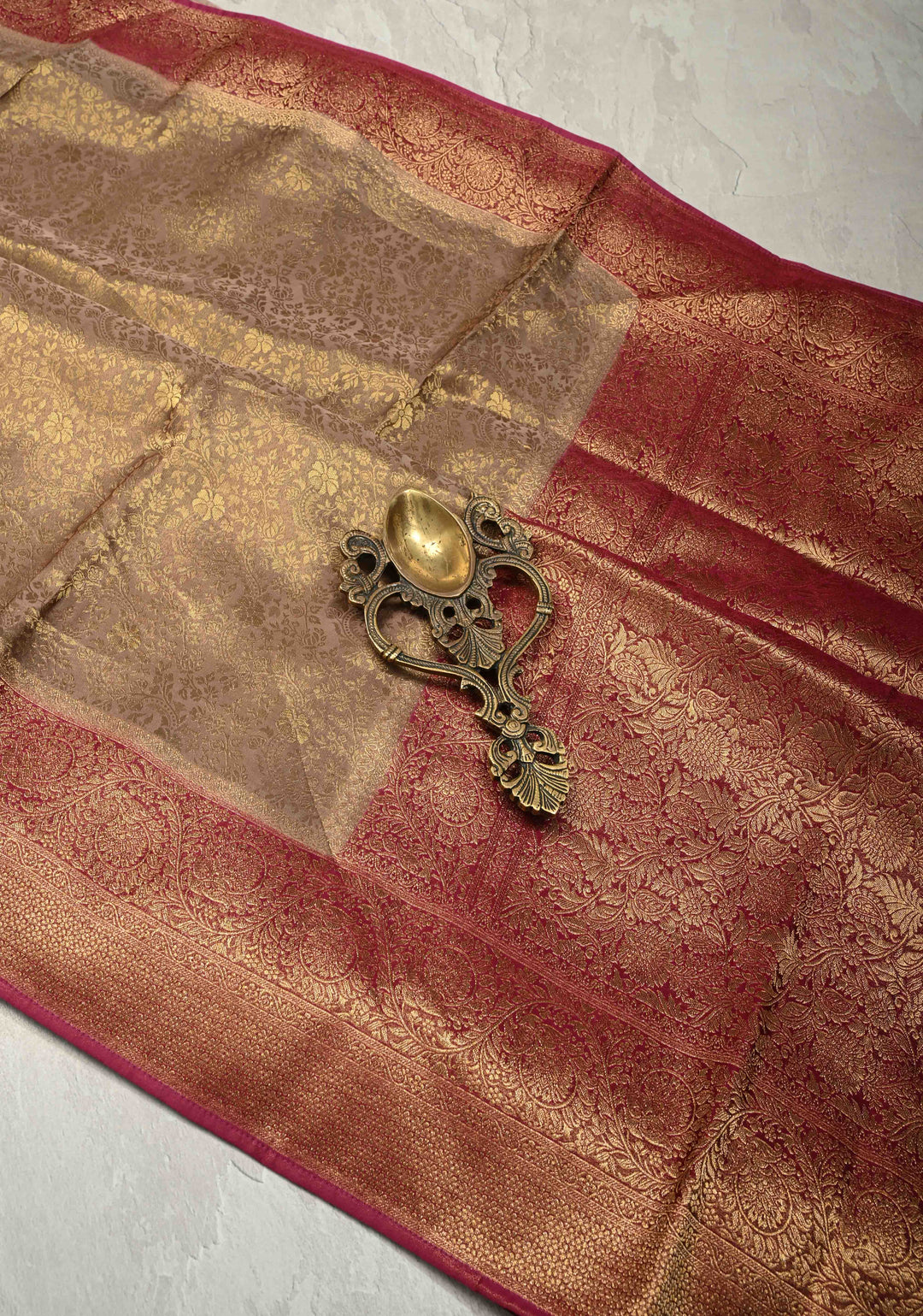 Light taupe Floral Brocade Vegan Viscose Silk Saree with Contrast Zari Border