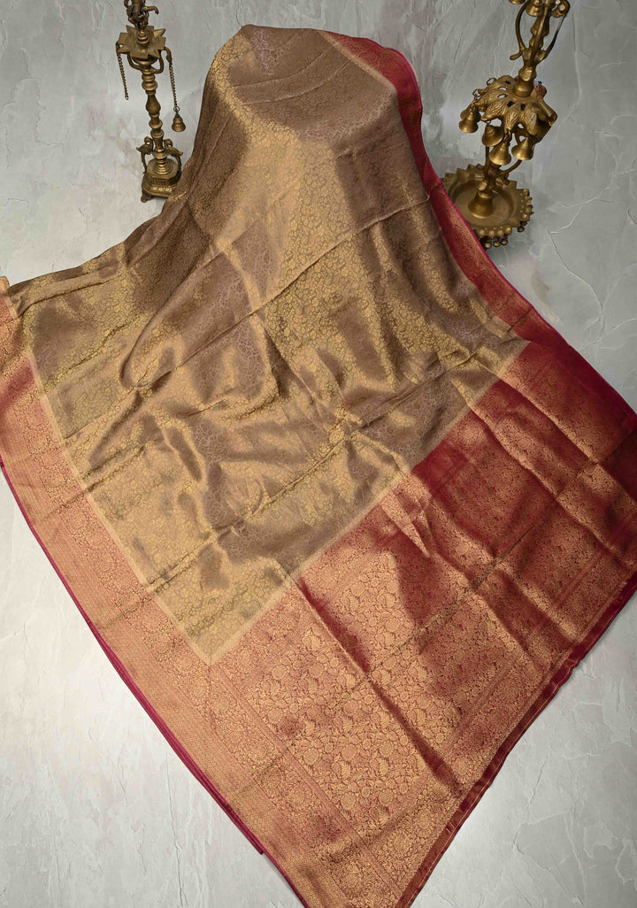 Light taupe Floral Brocade Vegan Viscose Silk Saree with Contrast Zari Border