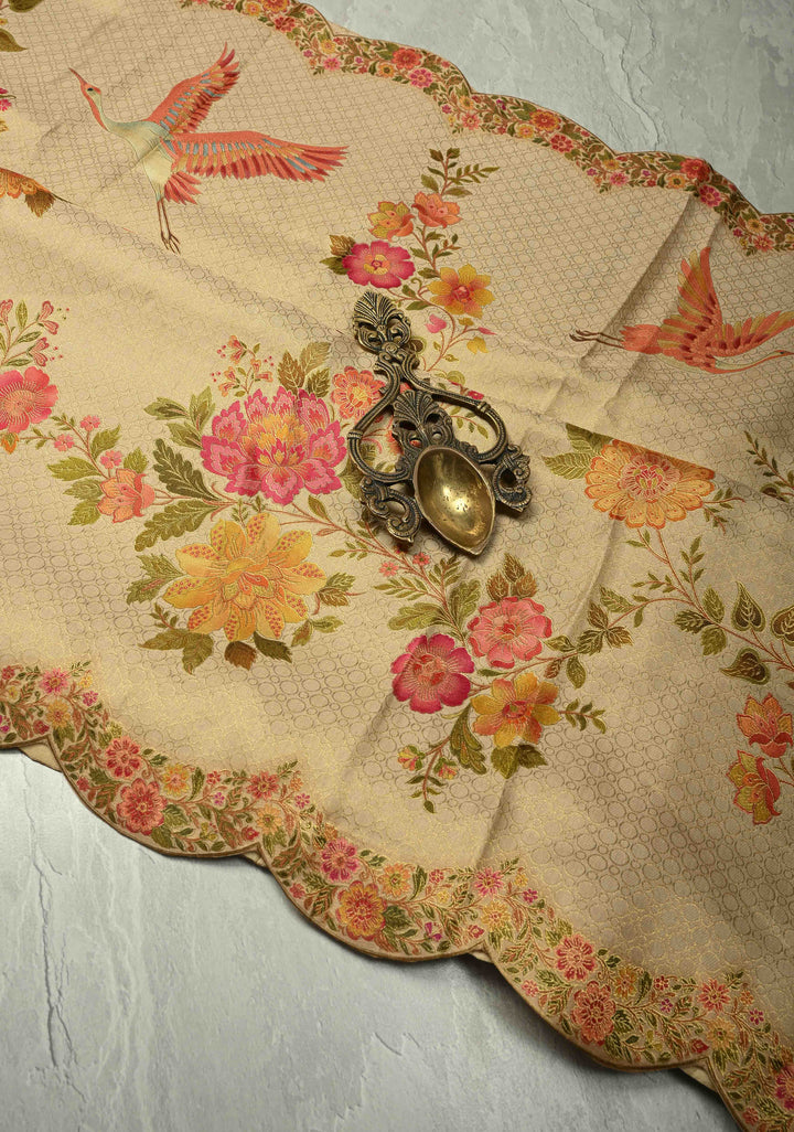 Beige Vegan Silk Saree with Floral-Birds design and Scallop border