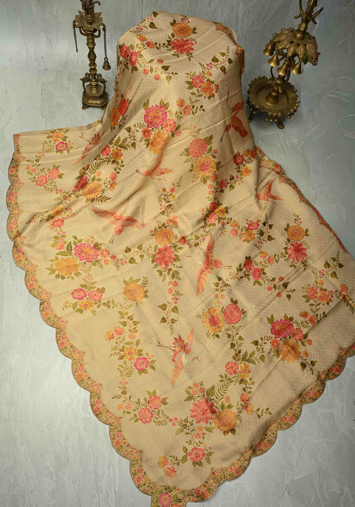 Beige Vegan Silk Saree with Floral-Birds design and Scallop border