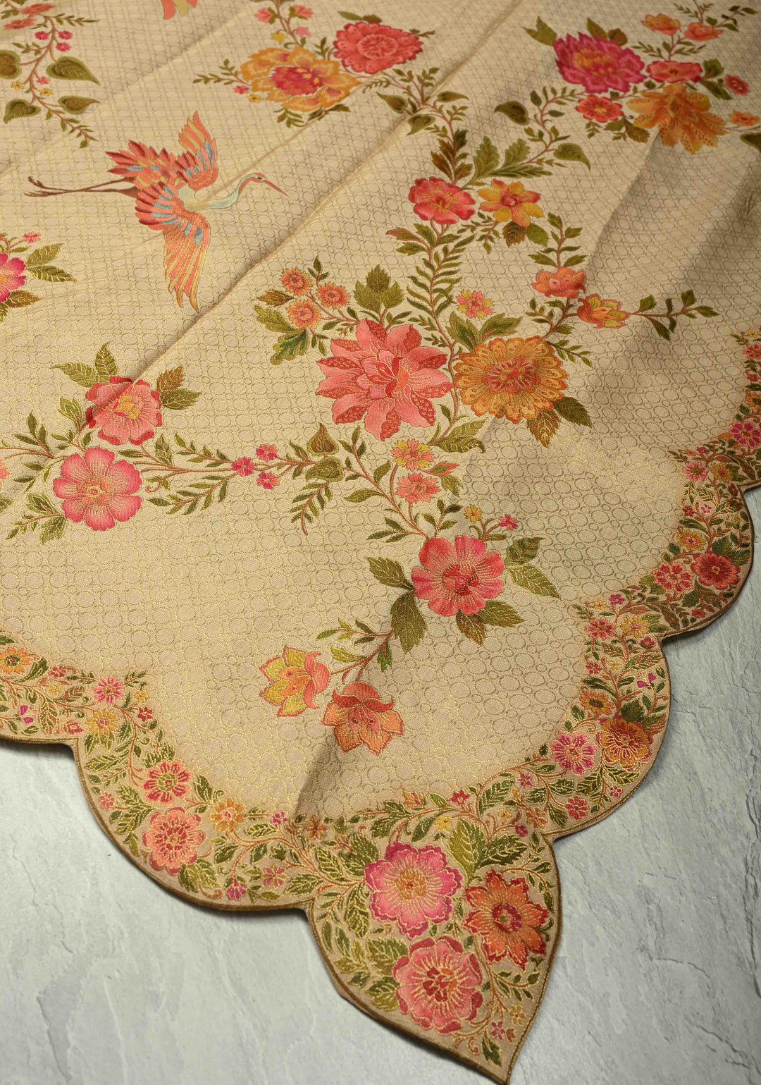 Beige Vegan Silk Saree with Floral-Birds design and Scallop border