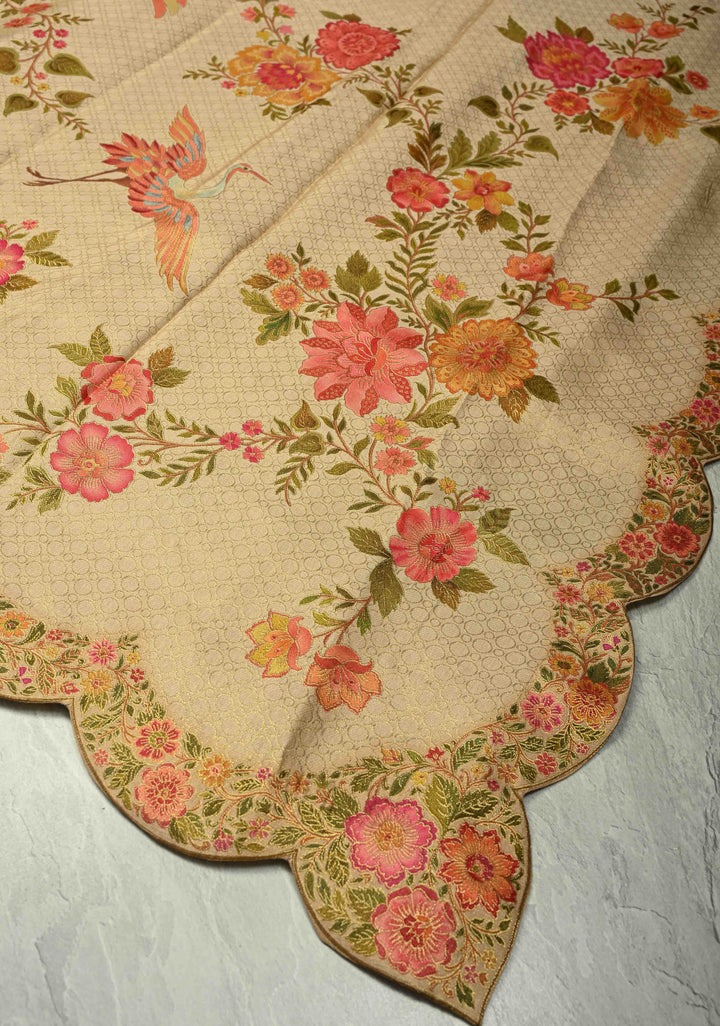 Beige Vegan Silk Saree with Floral-Birds design and Scallop border