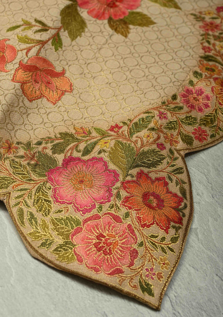 Beige Vegan Silk Saree with Floral-Birds design and Scallop border