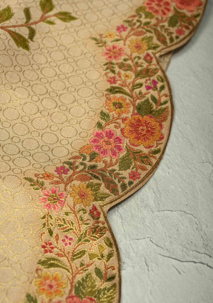 Beige Vegan Silk Saree with Floral-Birds design and Scallop border