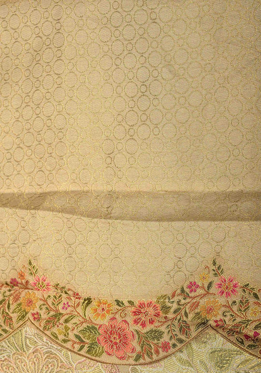 Beige Vegan Silk Saree with Floral-Birds design and Scallop border