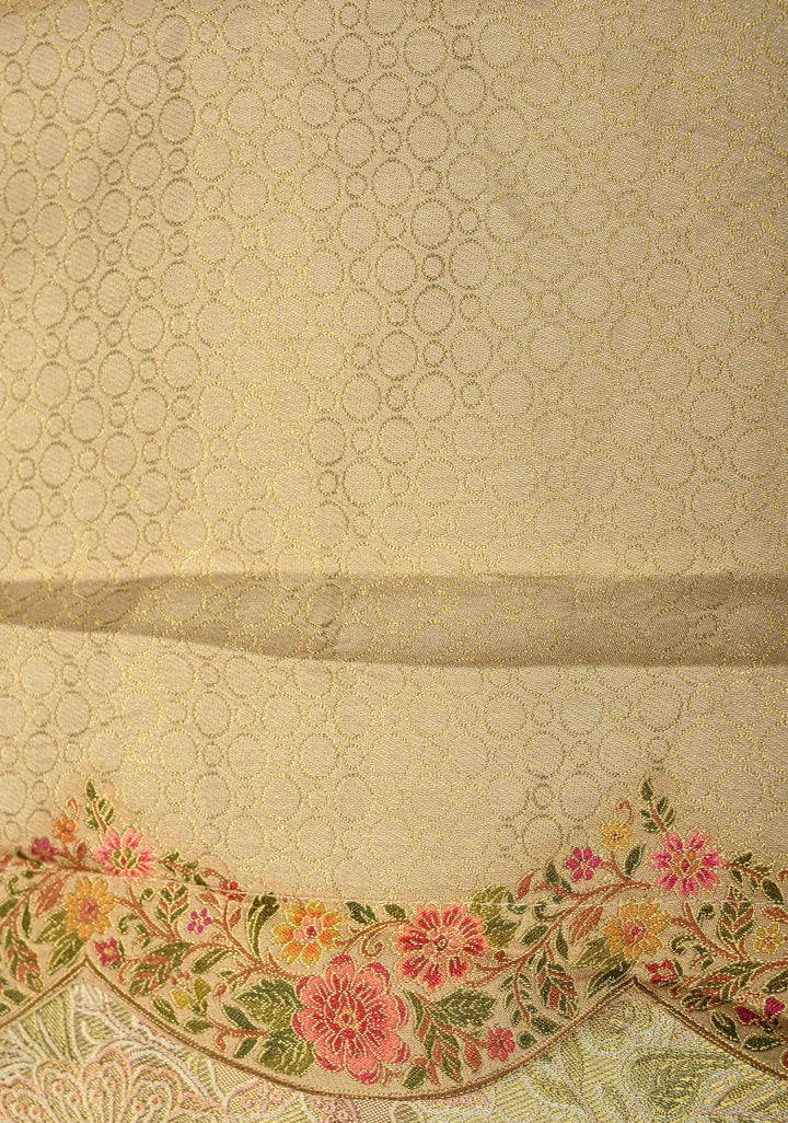 Beige Vegan Silk Saree with Floral-Birds design and Scallop border