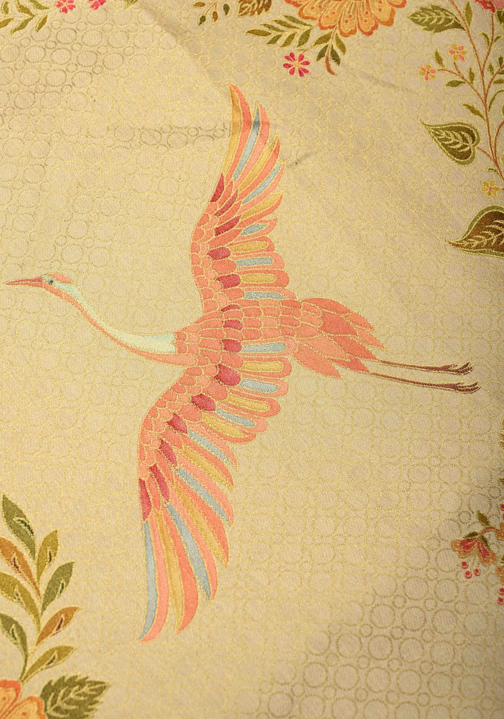 Beige Vegan Silk Saree with Floral-Birds design and Scallop border