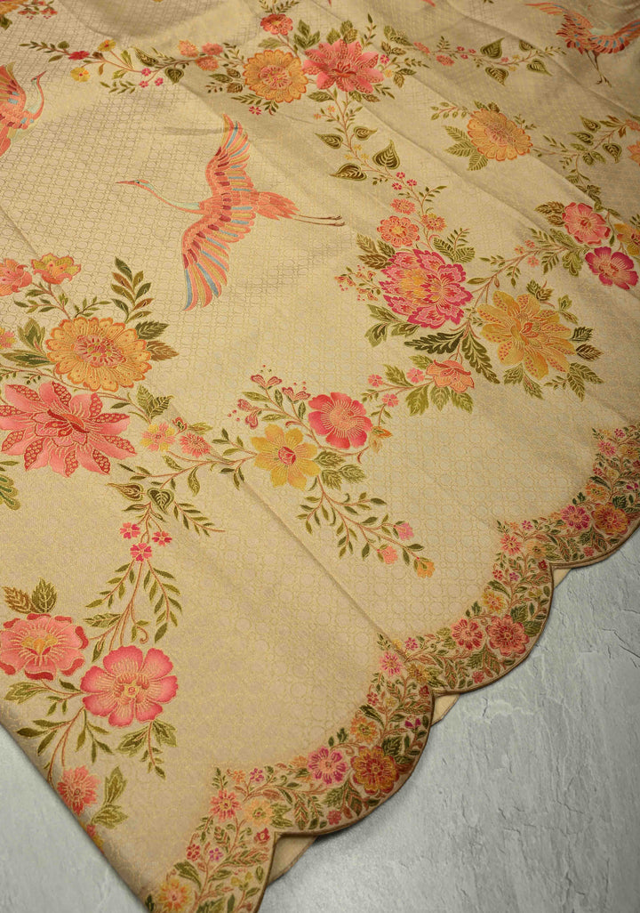 Beige Vegan Silk Saree with Floral-Birds design and Scallop border