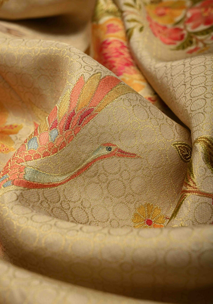 Beige Vegan Silk Saree with Floral-Birds design and Scallop border