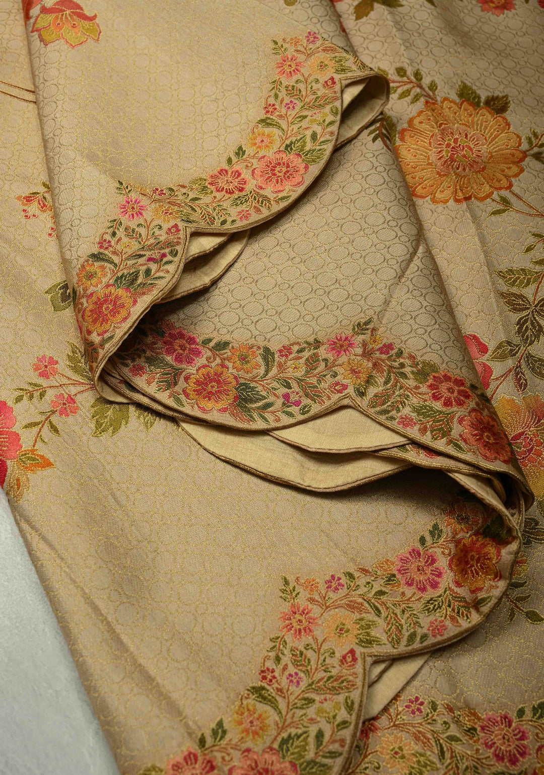 Beige Vegan Silk Saree with Floral-Birds design and Scallop border