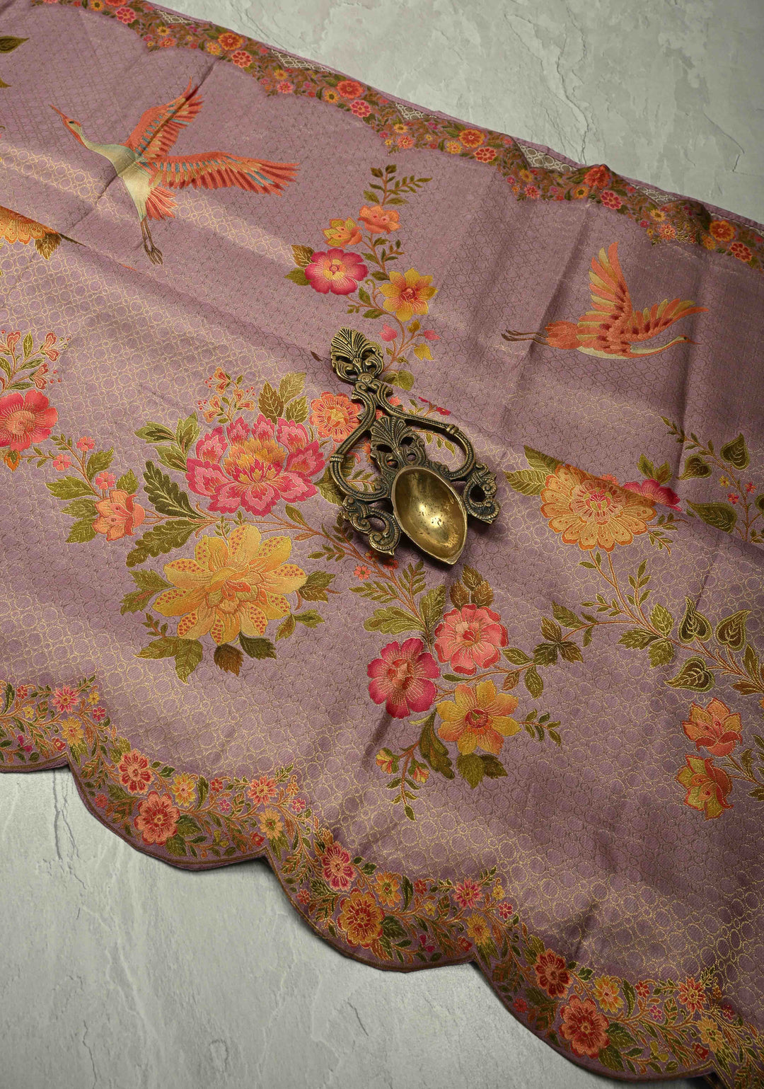 Brocade on Vegan Silk Saree in Pastel Lavender with Floral-Birds design and Scallop border