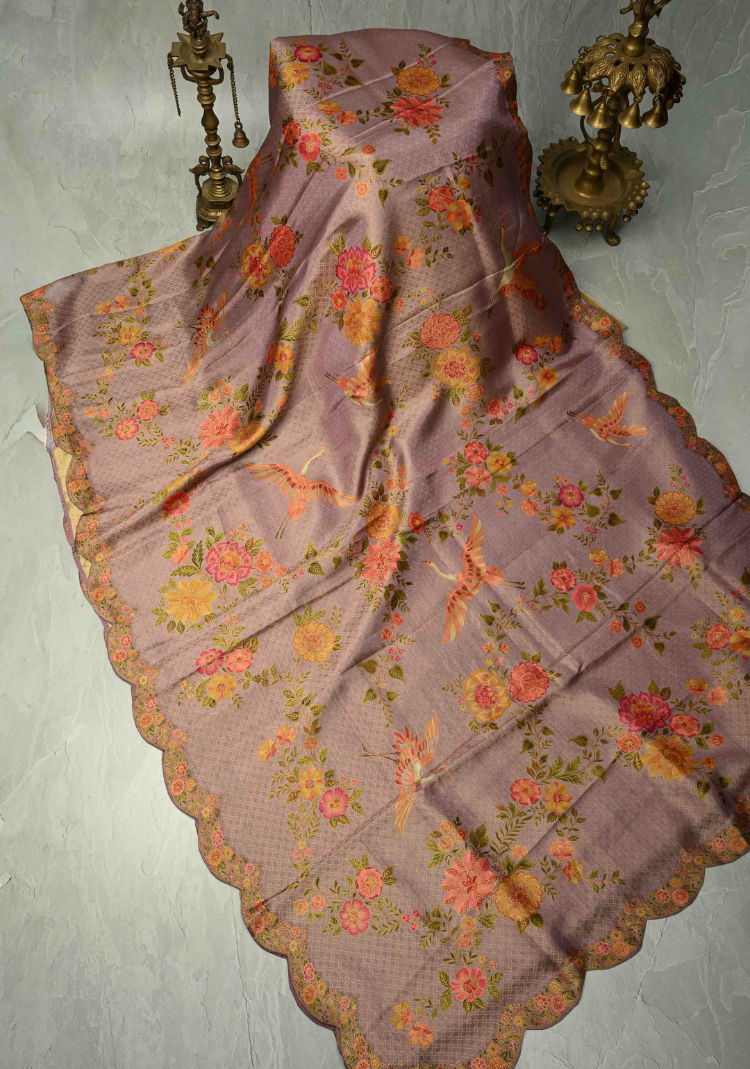 Brocade on Vegan Silk Saree in Pastel Lavender with Floral-Birds design and Scallop border
