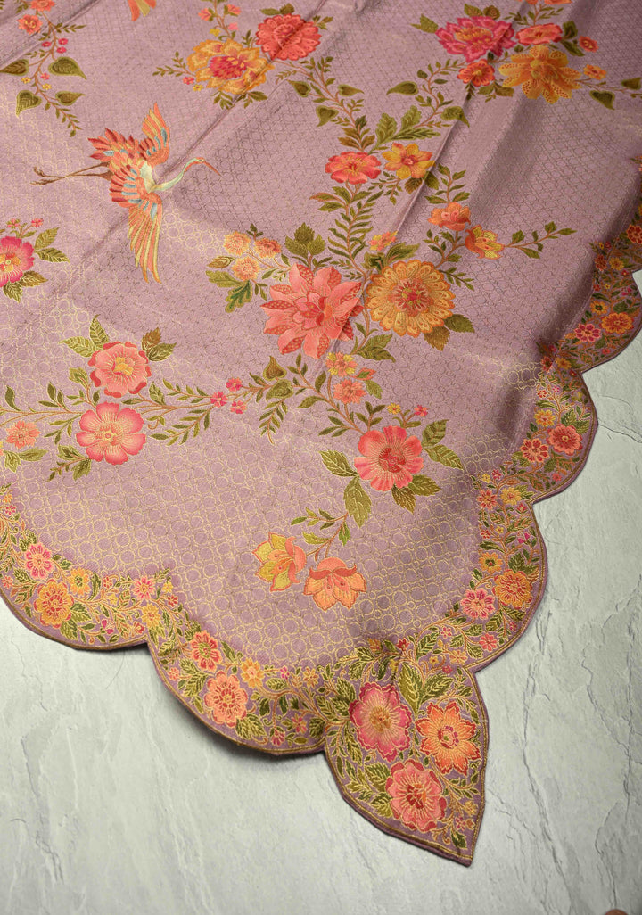 Brocade on Vegan Silk Saree in Pastel Lavender with Floral-Birds design and Scallop border