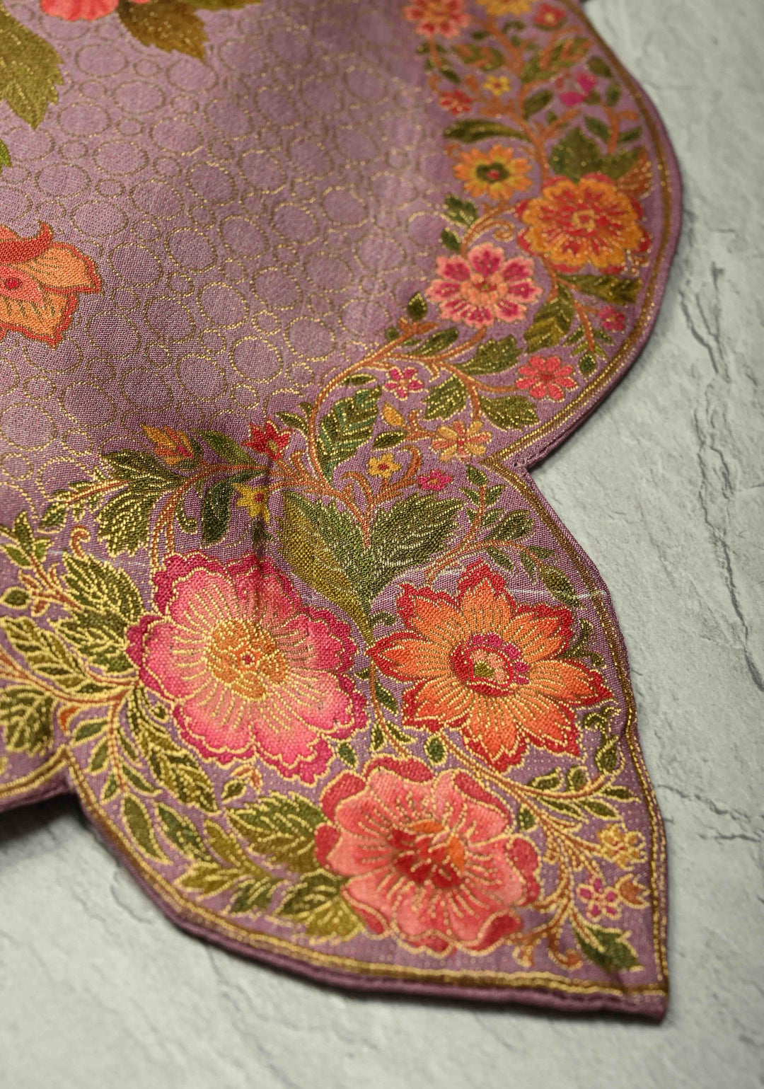 Brocade on Vegan Silk Saree in Pastel Lavender with Floral-Birds design and Scallop border