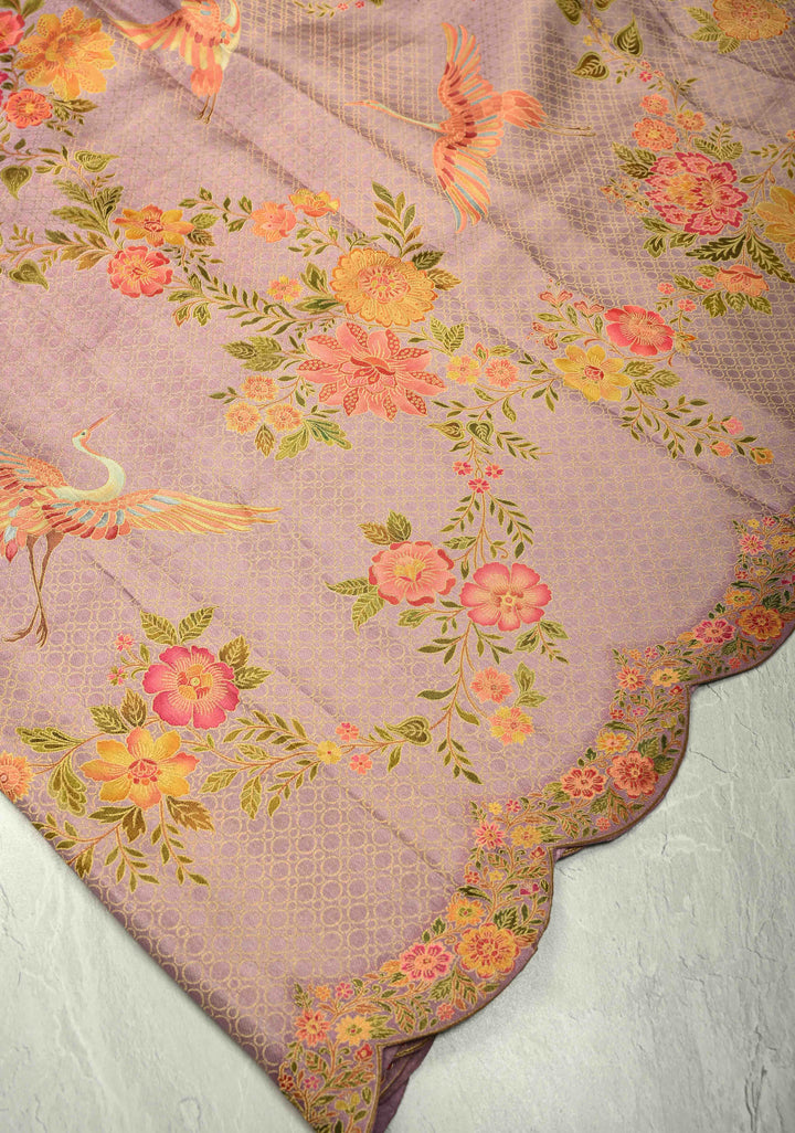 Brocade on Vegan Silk Saree in Pastel Lavender with Floral-Birds design and Scallop border