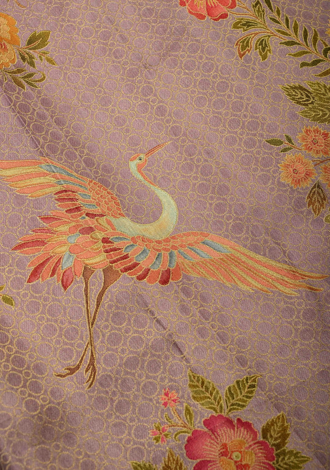 Brocade on Vegan Silk Saree in Pastel Lavender with Floral-Birds design and Scallop border