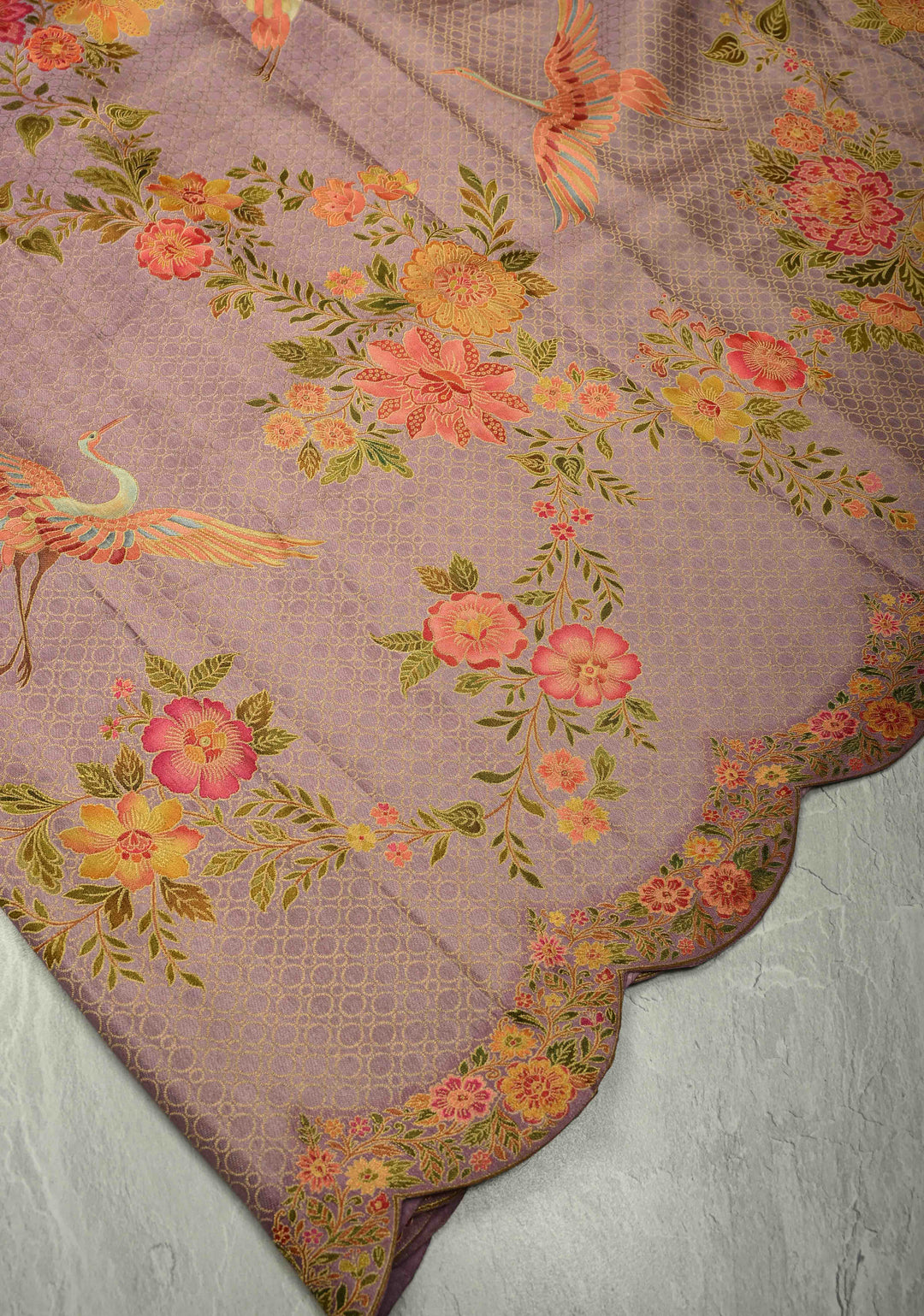 Brocade on Vegan Silk Saree in Pastel Lavender with Floral-Birds design and Scallop border