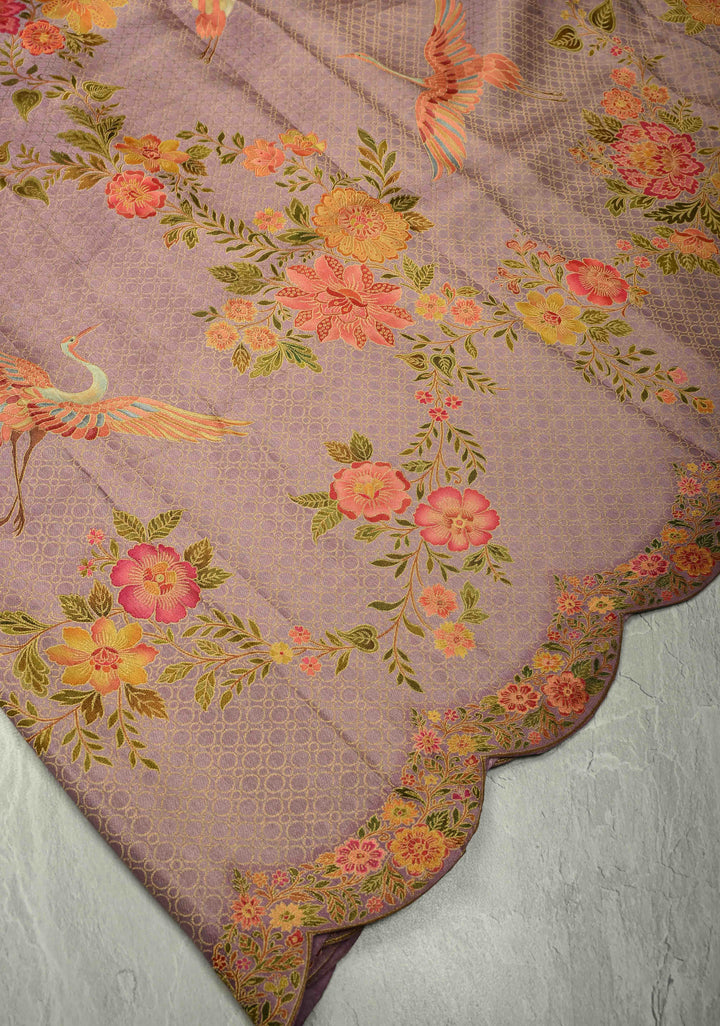 Brocade on Vegan Silk Saree in Pastel Lavender with Floral-Birds design and Scallop border