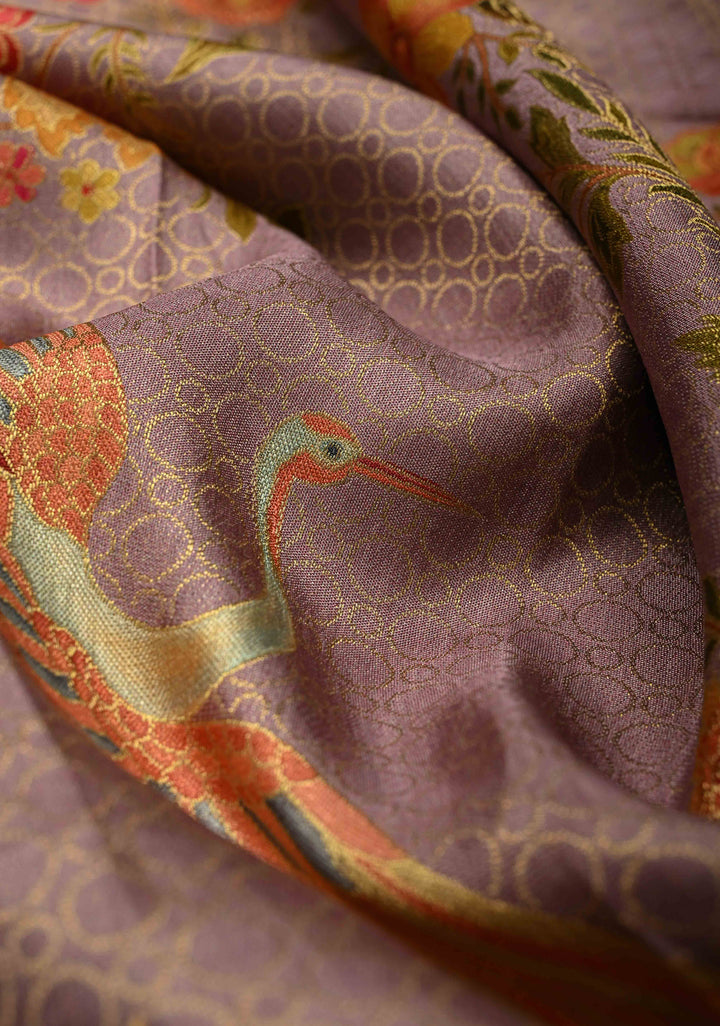 Brocade on Vegan Silk Saree in Pastel Lavender with Floral-Birds design and Scallop border