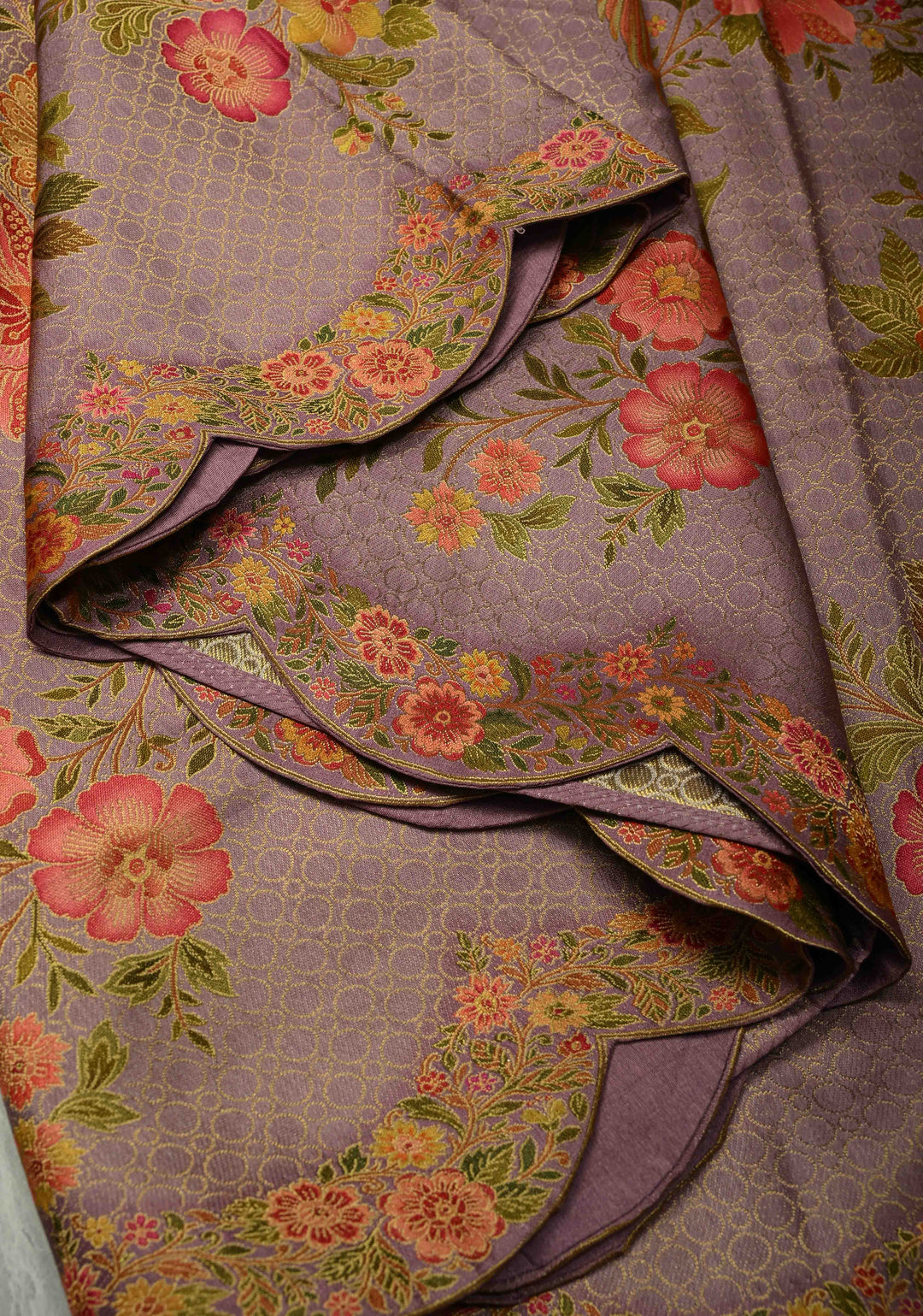 Brocade on Vegan Silk Saree in Pastel Lavender with Floral-Birds design and Scallop border