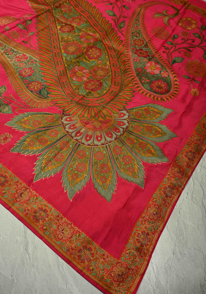 Vegan Soft Silk Saree with paisley motifs in Bright Pink and border