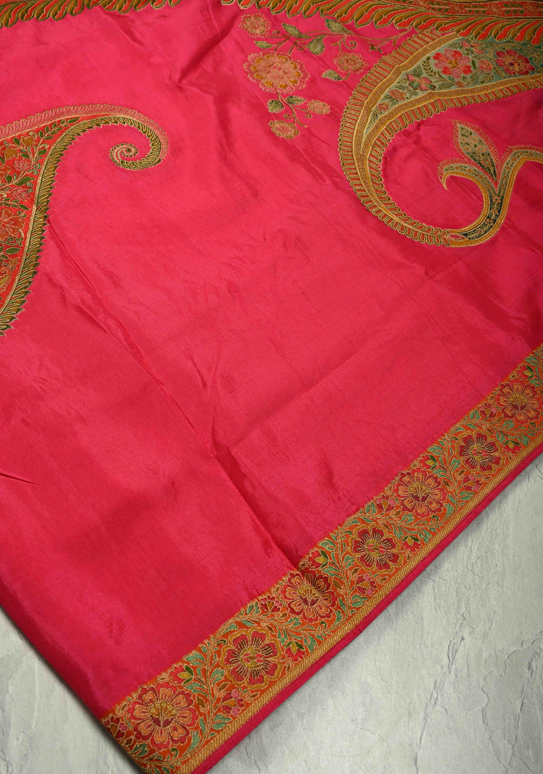 Vegan Soft Silk Saree with paisley motifs in Bright Pink and border