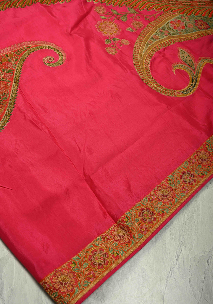 Vegan Soft Silk Saree with paisley motifs in Bright Pink and border