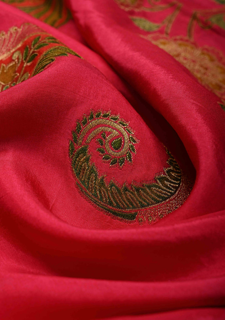 Vegan Soft Silk Saree with paisley motifs in Bright Pink and border
