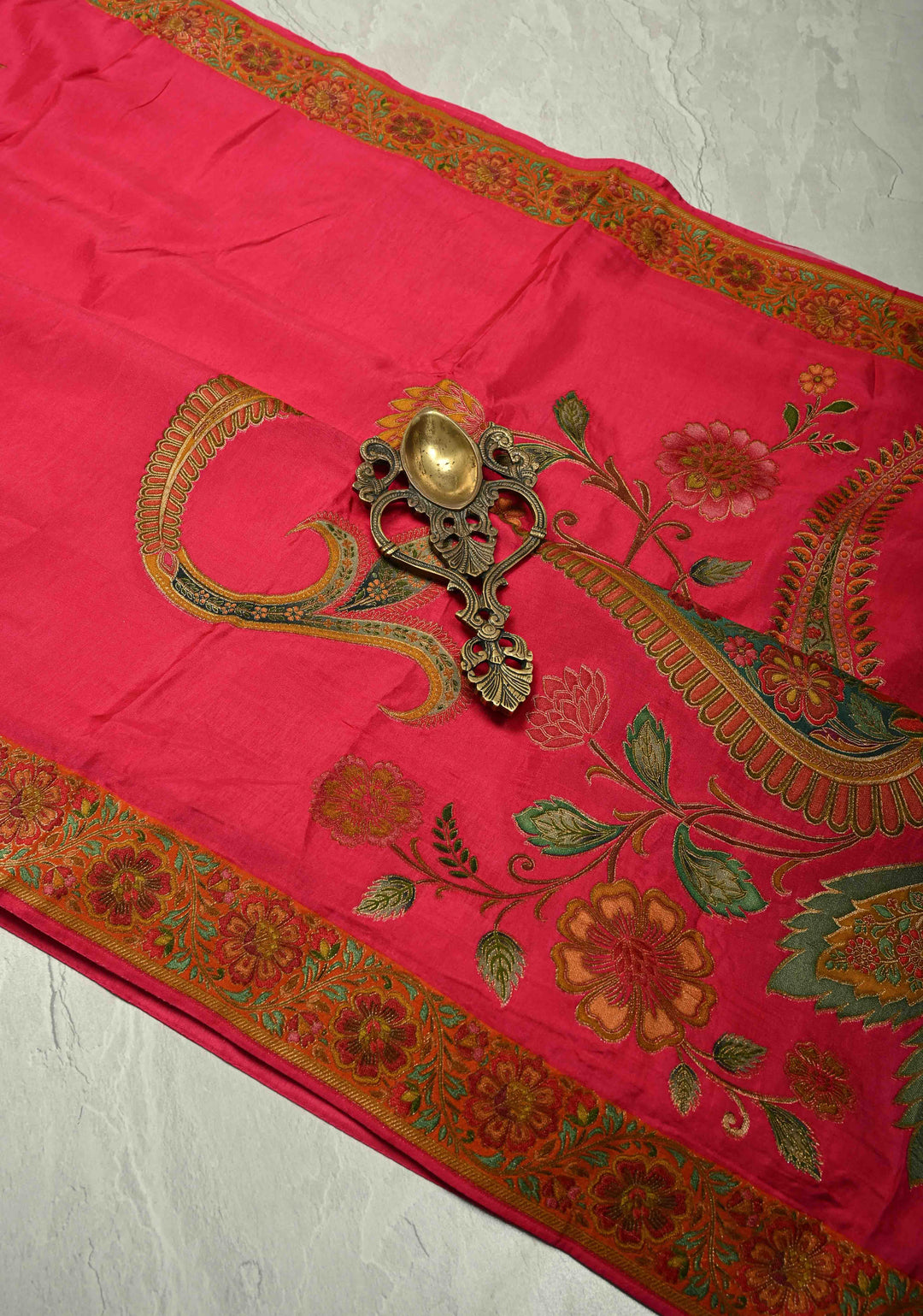 Vegan Soft Silk Saree with paisley motifs in Bright Pink and border