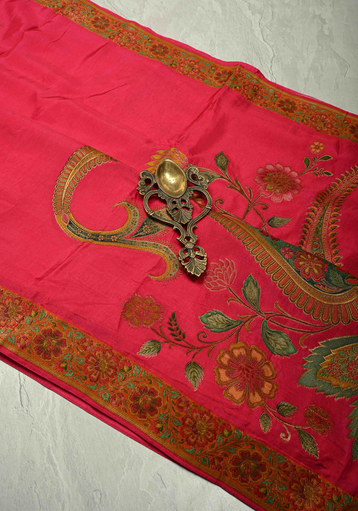 Vegan Soft Silk Saree with paisley motifs in Bright Pink and border
