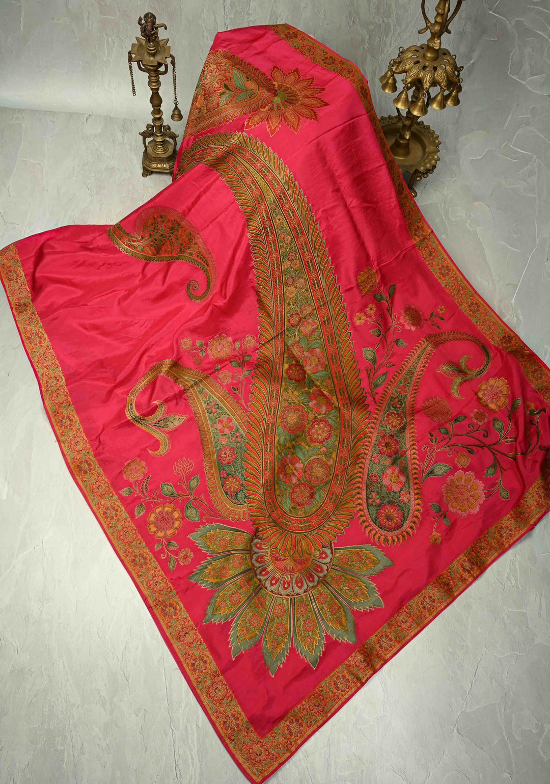 Vegan Soft Silk Saree with paisley motifs in Bright Pink and border