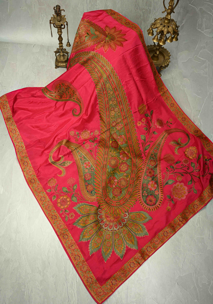 Vegan Soft Silk Saree with paisley motifs in Bright Pink and border