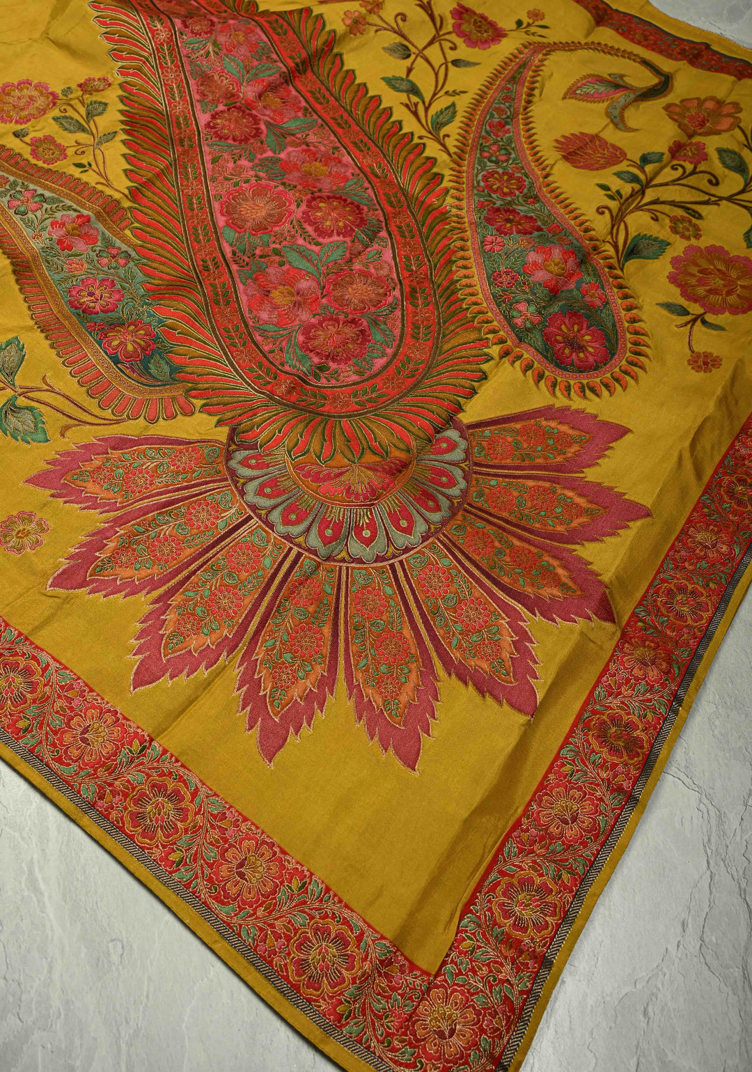 Vegan Soft Silk Saree with paisley motifs in mustard yellow with Contrast Border