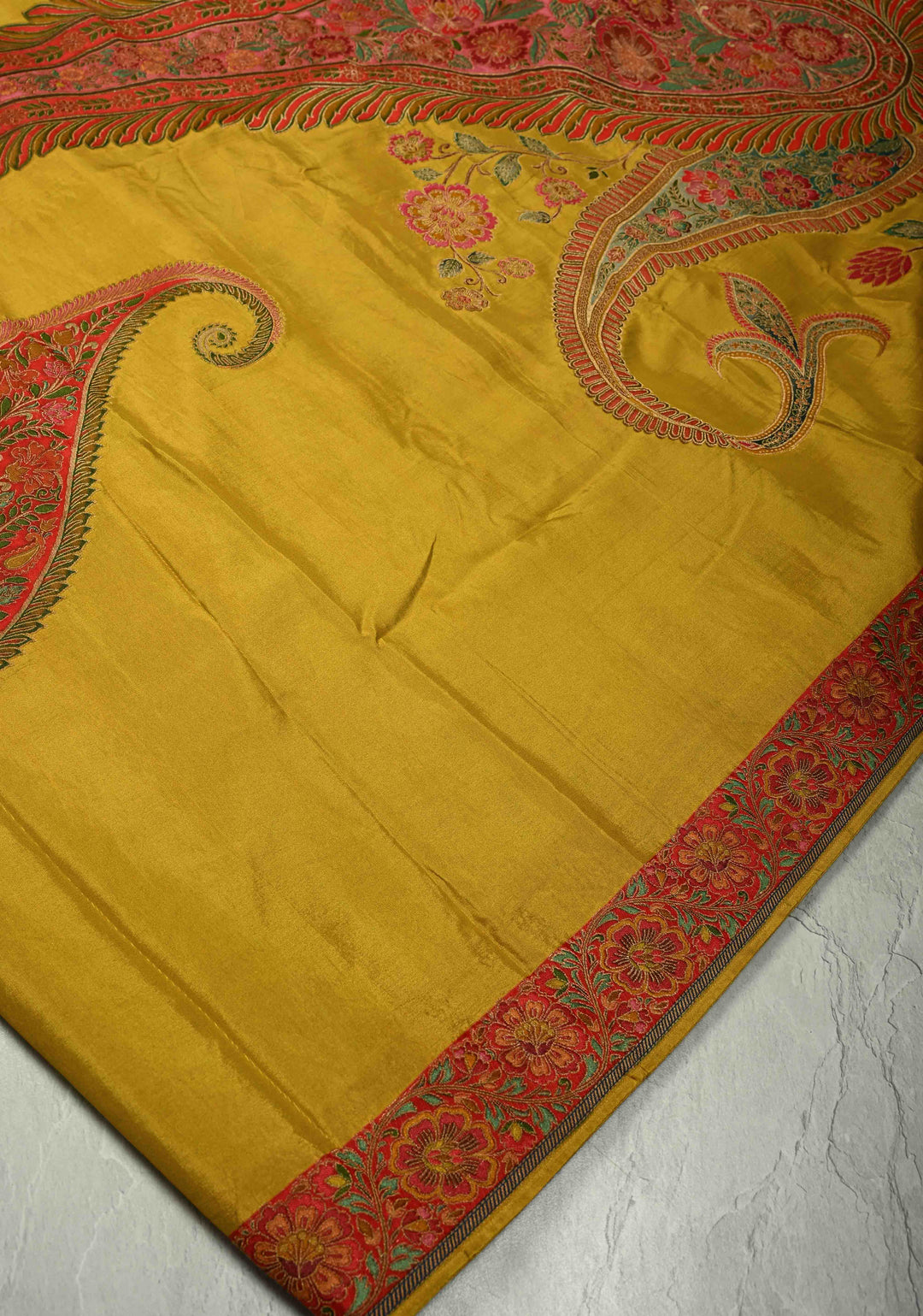 Vegan Soft Silk Saree with paisley motifs in mustard yellow with Contrast Border