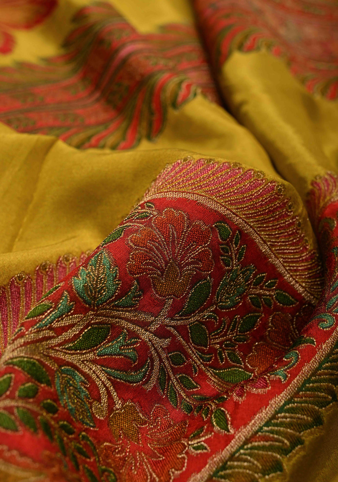 Vegan Soft Silk Saree with paisley motifs in mustard yellow with Contrast Border
