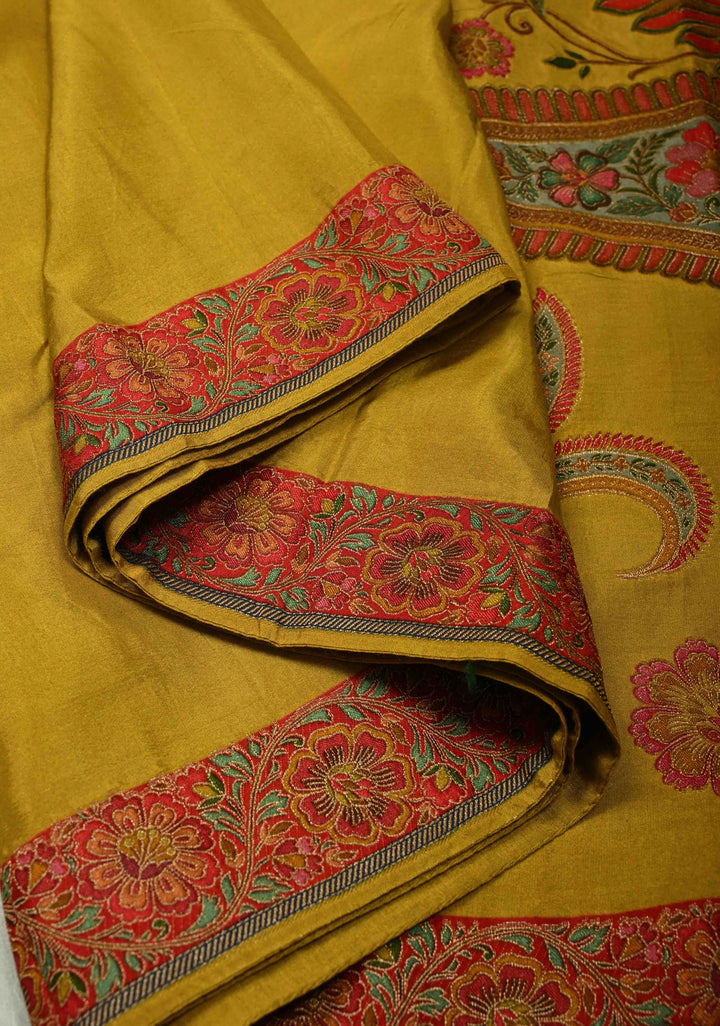 Vegan Soft Silk Saree with paisley motifs in mustard yellow with Contrast Border
