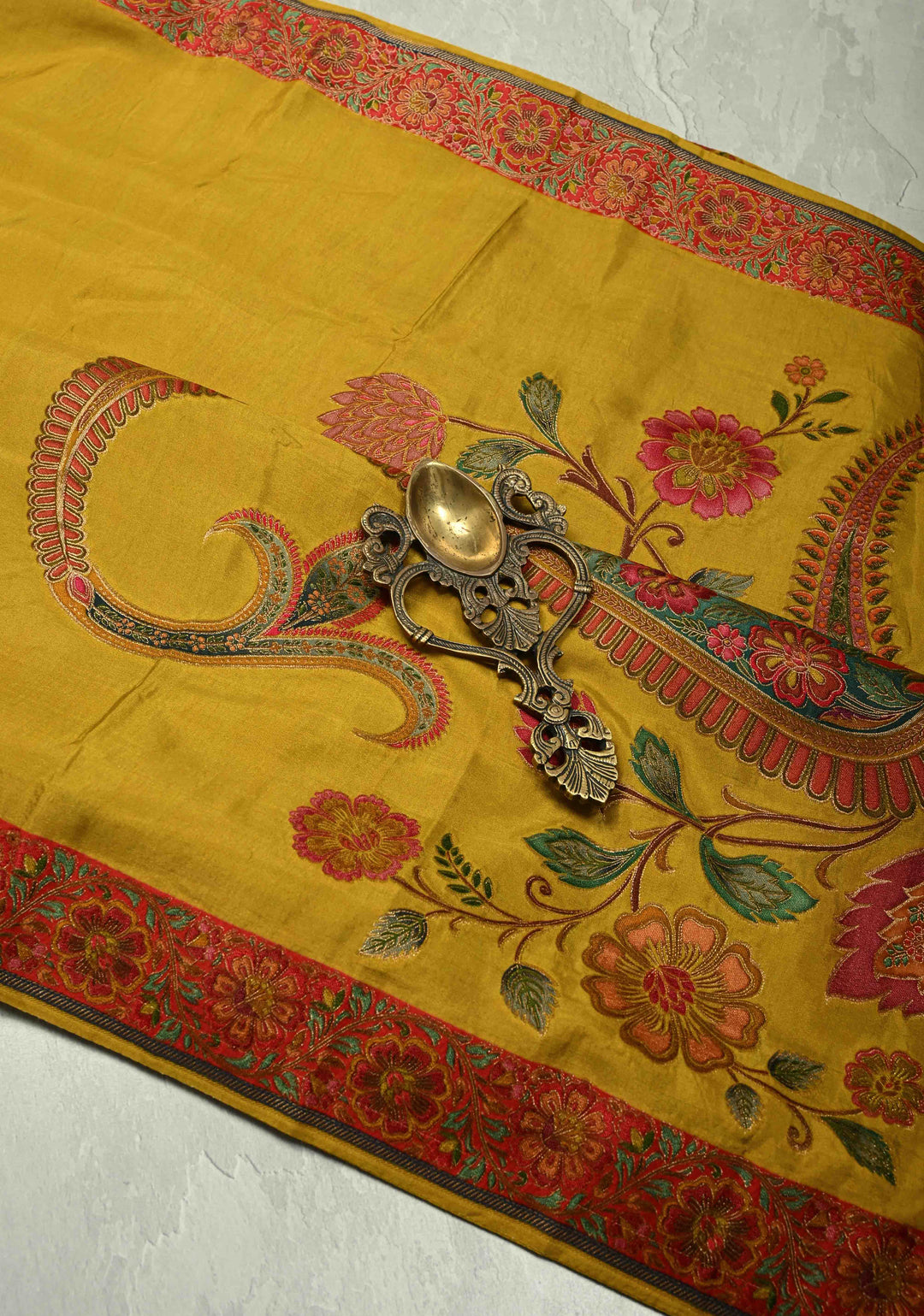 Vegan Soft Silk Saree with paisley motifs in mustard yellow with Contrast Border