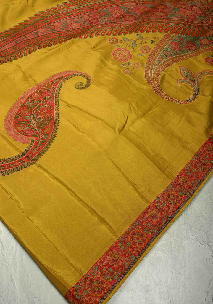 Vegan Soft Silk Saree with paisley motifs in mustard yellow with Contrast Border