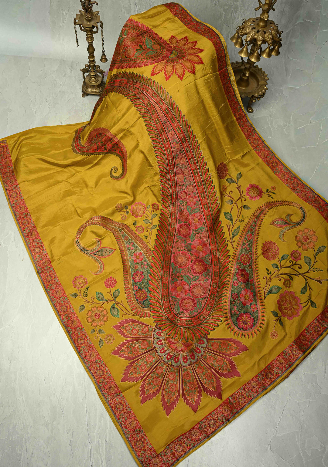 Vegan Soft Silk Saree with paisley motifs in mustard yellow with Contrast Border