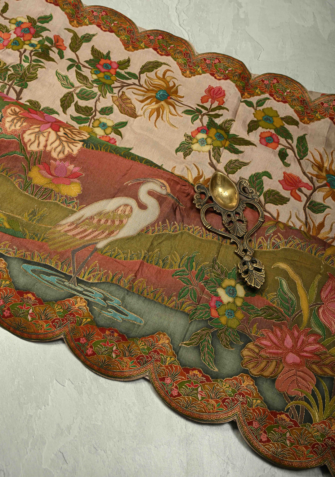 Vegan Soft Silk Saree with Floral Brocade and Crane Motifs in Light Brown with Scallop Border  No Blouse Piece