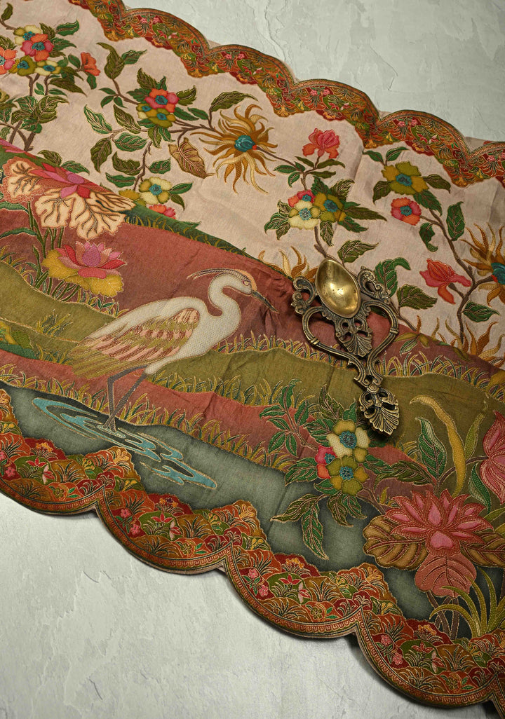 Vegan Soft Silk Saree with Floral Brocade and Crane Motifs in Light Brown with Scallop Border  No Blouse Piece