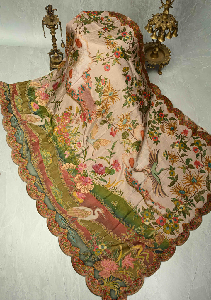 Vegan Soft Silk Saree with Floral Brocade and Crane Motifs in Light Brown with Scallop Border  No Blouse Piece