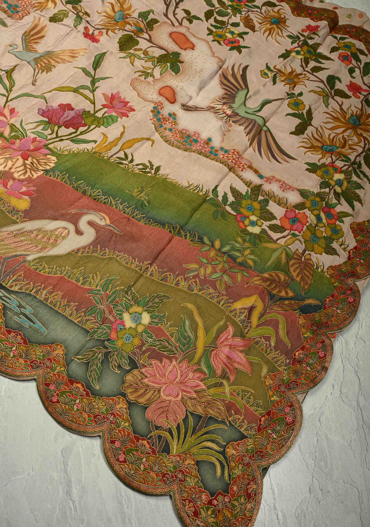 Vegan Soft Silk Saree with Floral Brocade and Crane Motifs in Light Brown with Scallop Border  No Blouse Piece