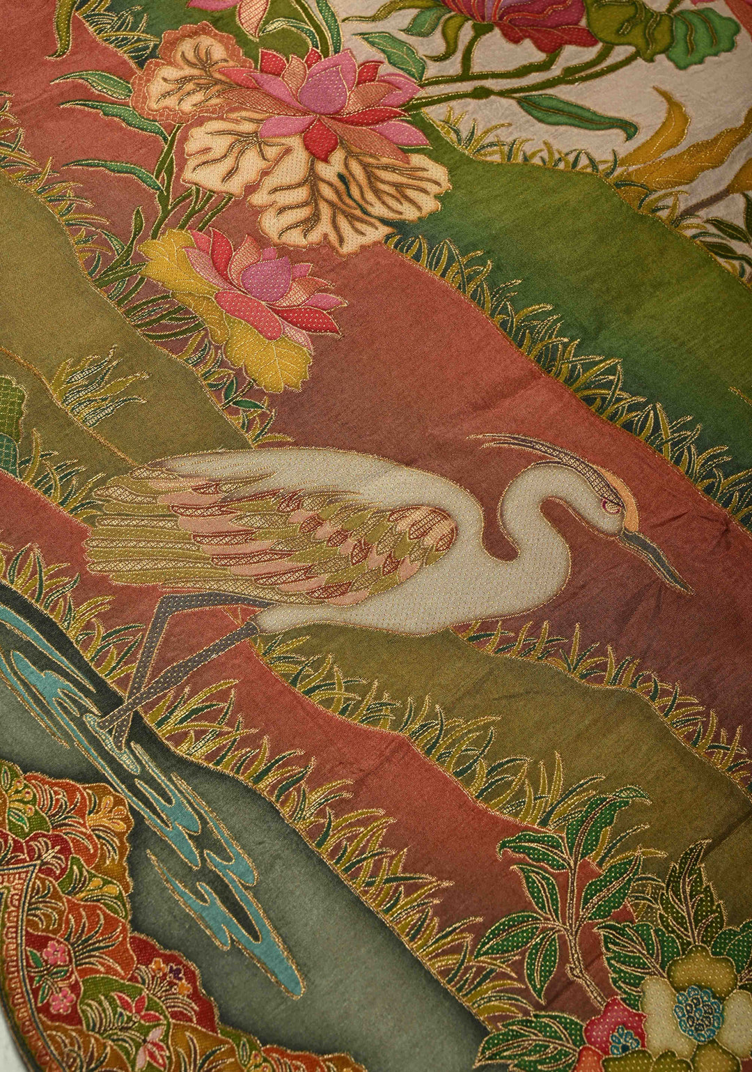 Vegan Soft Silk Saree with Floral Brocade and Crane Motifs in Light Brown with Scallop Border  No Blouse Piece