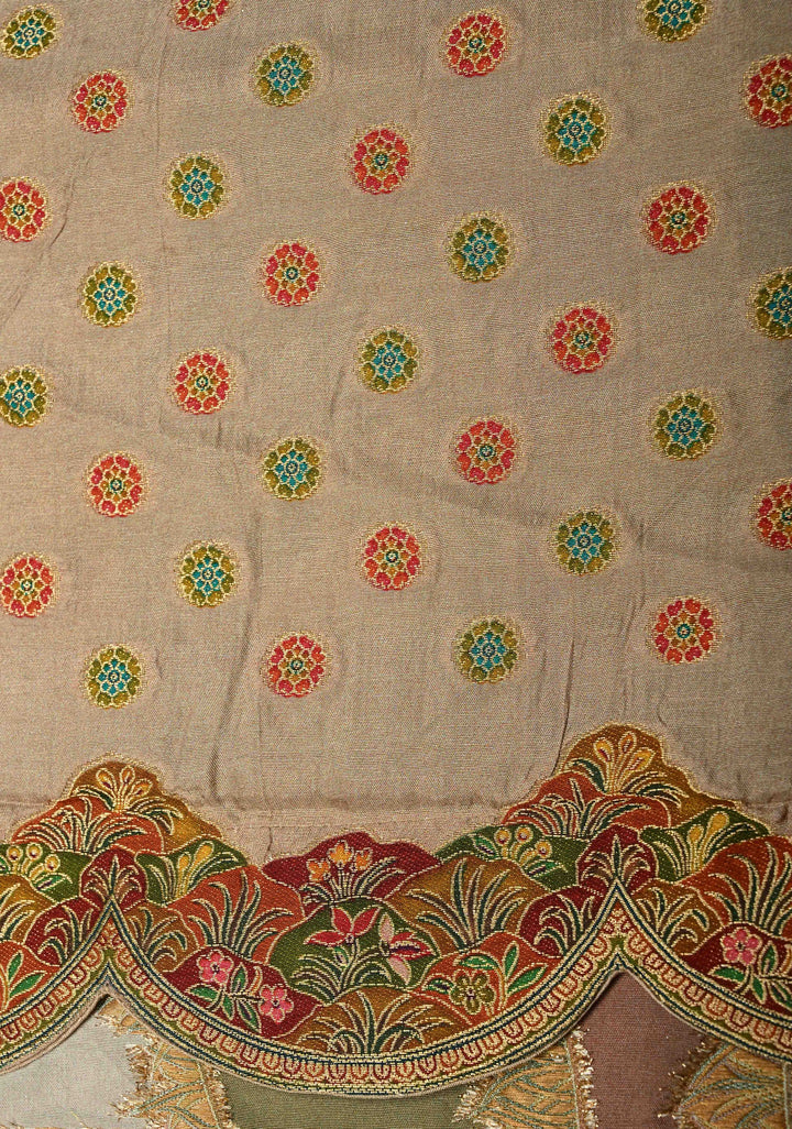 Vegan Soft Silk Saree with Floral Brocade and Crane Motifs in Light Brown with Scallop Border  No Blouse Piece