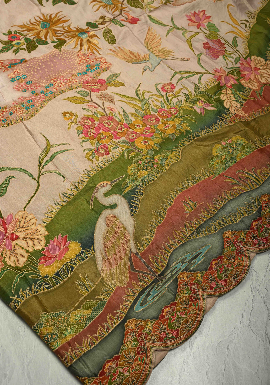 Vegan Soft Silk Saree with Floral Brocade and Crane Motifs in Light Brown with Scallop Border  No Blouse Piece