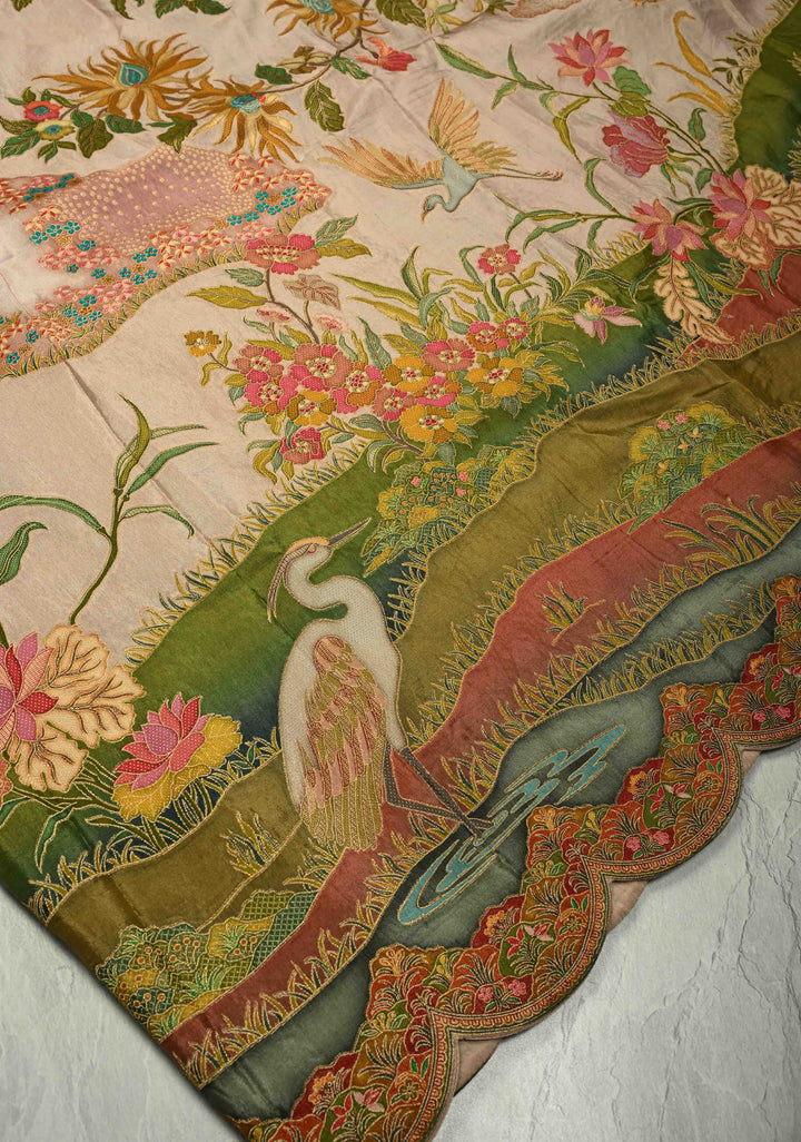 Vegan Soft Silk Saree with Floral Brocade and Crane Motifs in Light Brown with Scallop Border  No Blouse Piece