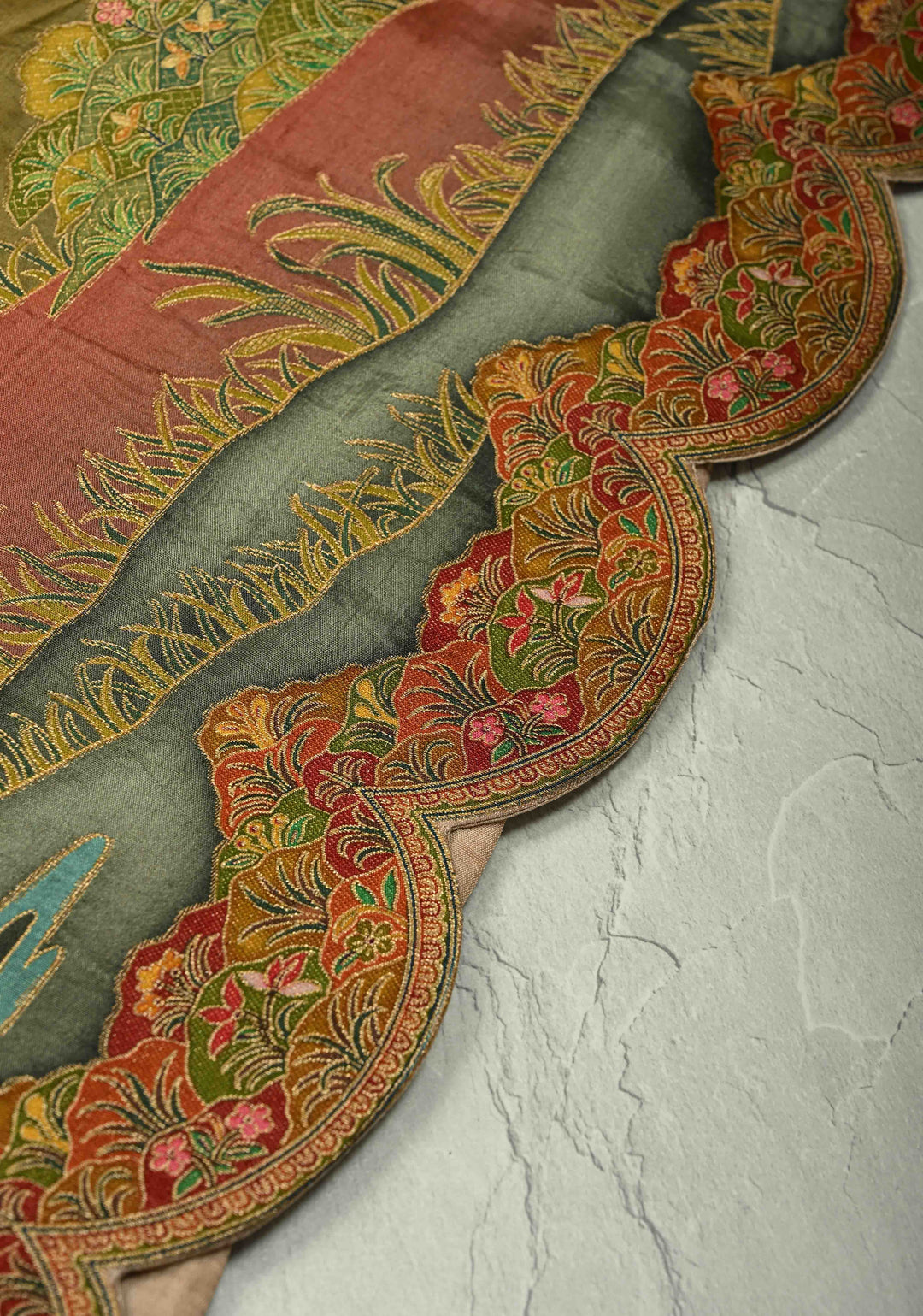 Vegan Soft Silk Saree with Floral Brocade and Crane Motifs in Light Brown with Scallop Border  No Blouse Piece