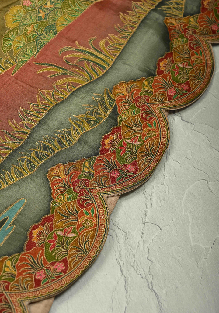 Vegan Soft Silk Saree with Floral Brocade and Crane Motifs in Light Brown with Scallop Border  No Blouse Piece